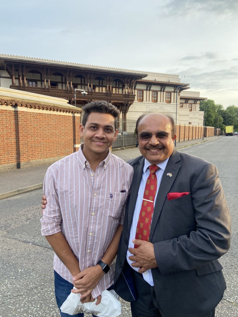 Abhishek Mudgal with Mahendra Sinh C Jadeja Dada (National Executive Council Member of the National Congress of Gujarati Organisations of the UK (NCGO UK)